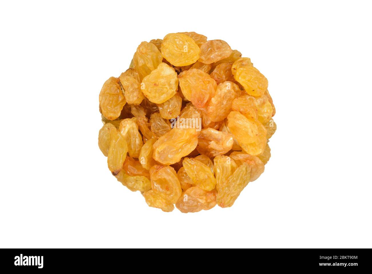 Yellow dry raisins isolated on white background. Top view. Stock Photo