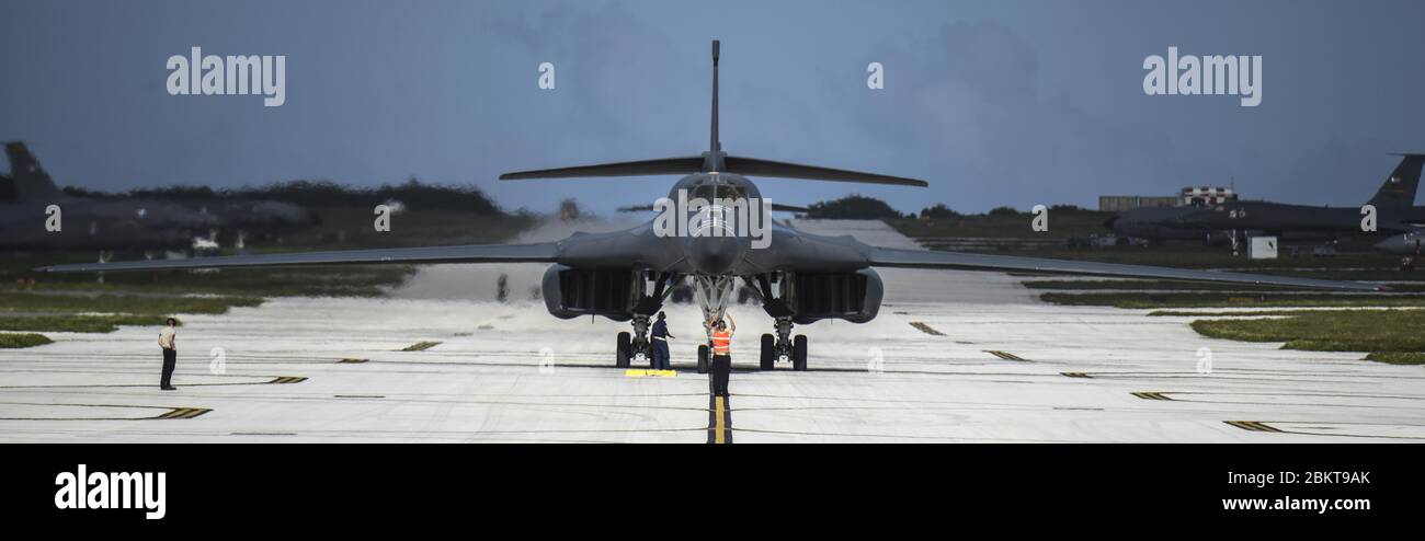 A U.S. Air Force B-1B Lancer stealth bomber, assigned to the 9th Expeditionary Bomb Squadron, taxis to the hanger at Andersen Air Force Base February 6, 2017 in Yigo, Guam. Stock Photo