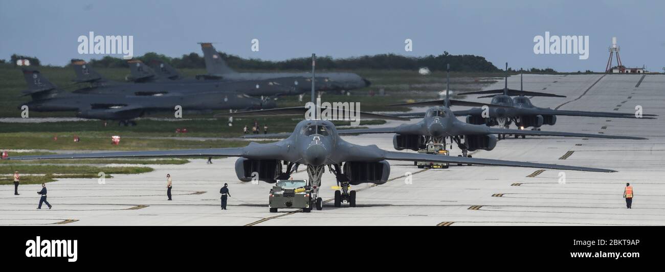 U.S. Air Force B-1B Lancer stealth bombers, assigned to the 9th Expeditionary Bomb Squadron, taxi to the hanger after landing at Andersen Air Force Base February 6, 2017 in Yigo, Guam. Stock Photo