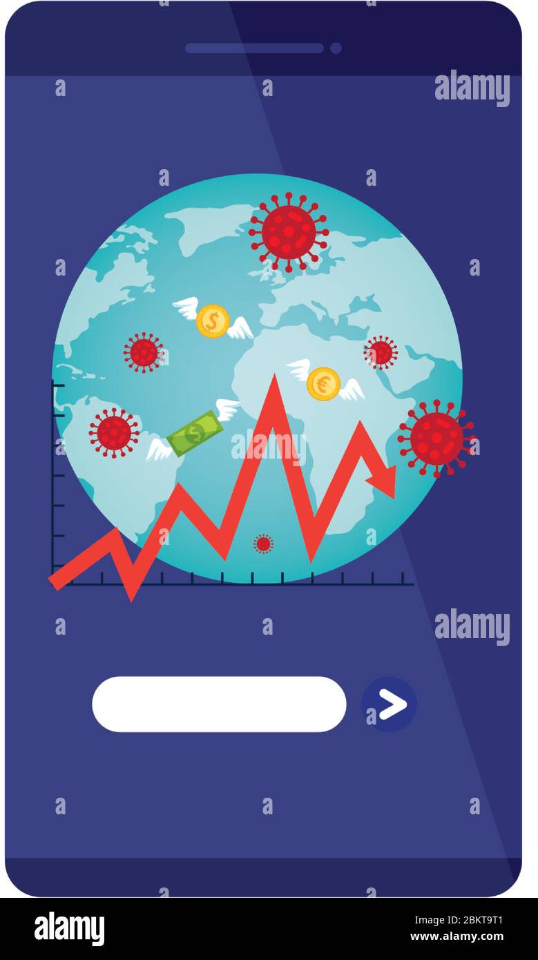earth planet of covid19 in smartphone with statistics arrow and money ...