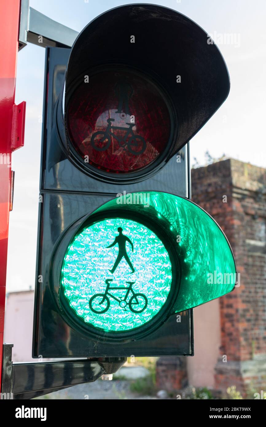 close up of pedestrian and cyclist crossing at  Birkenhead Wirral August 2019 Stock Photo