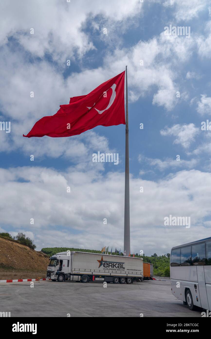 Kavak, Samsun / Turkey - August 09 2019: Turkey's largest Turkish flag in a gas station in city of Kavak Stock Photo