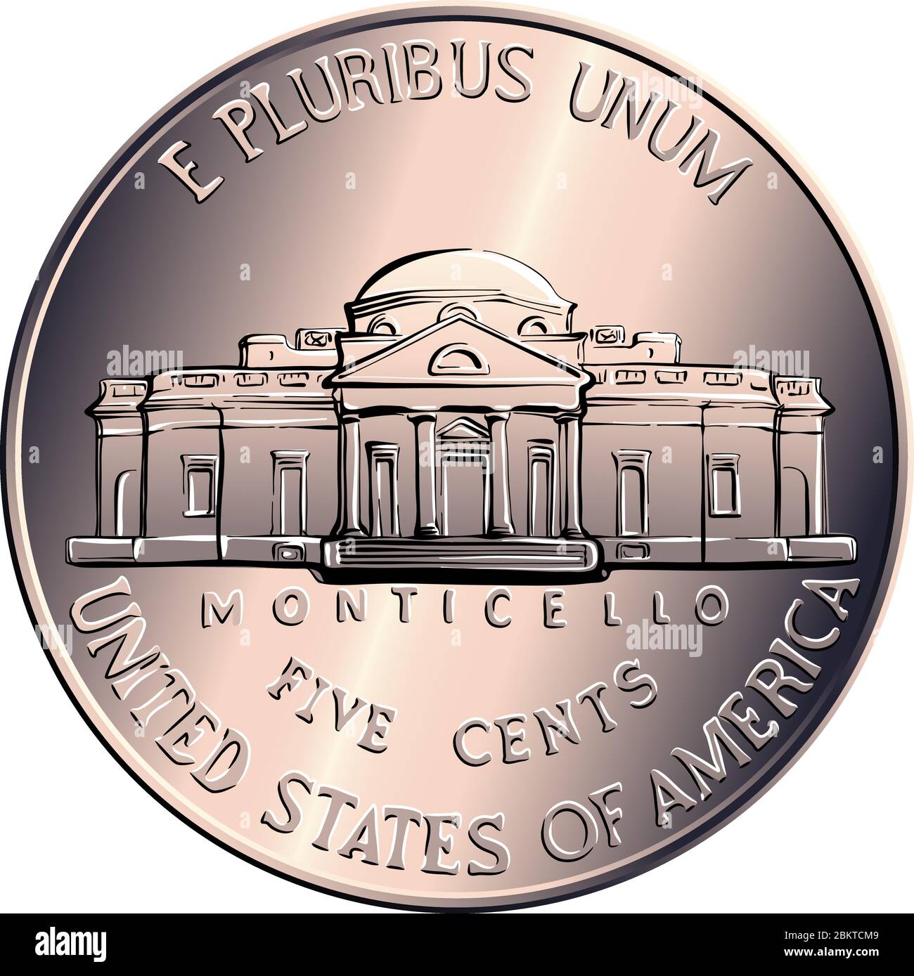 Reverse of Jefferson nickel, American money, USA five-cent coin, US third President Thomas Jefferson on obverse and his house Monticello on reverse Stock Vector