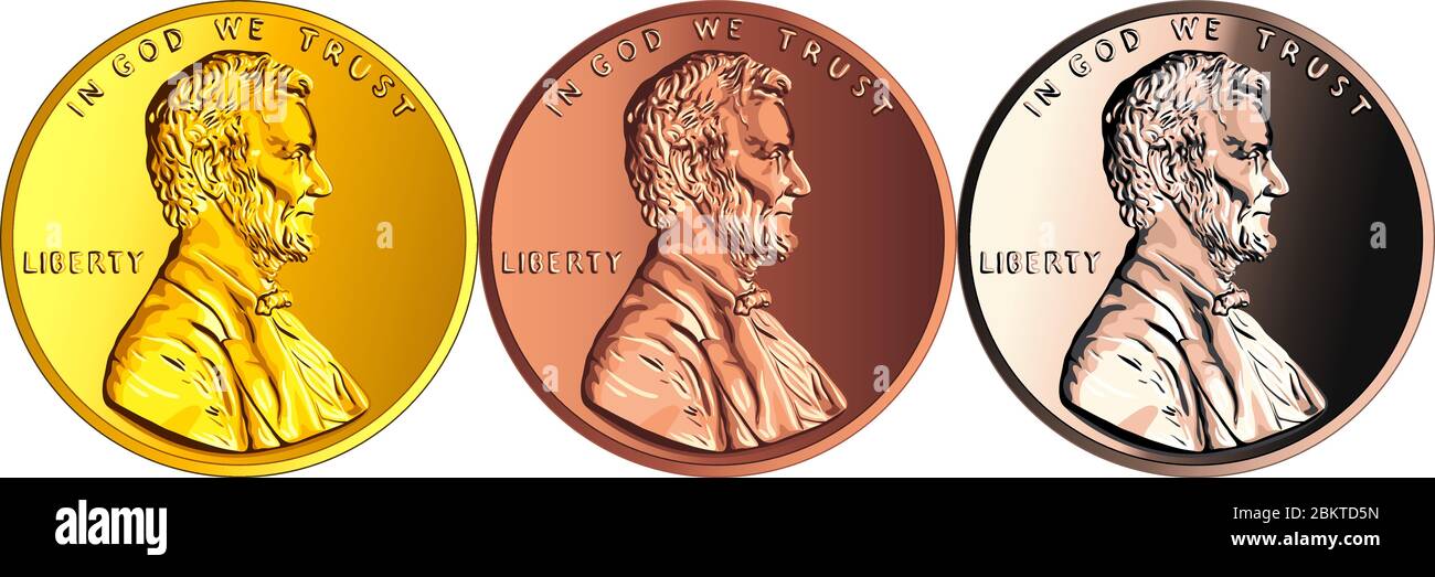 Set of coins made of different metal, USA money one cent or penny, Lincoln cent coin with President Abraham Lincoln on obverse Stock Vector
