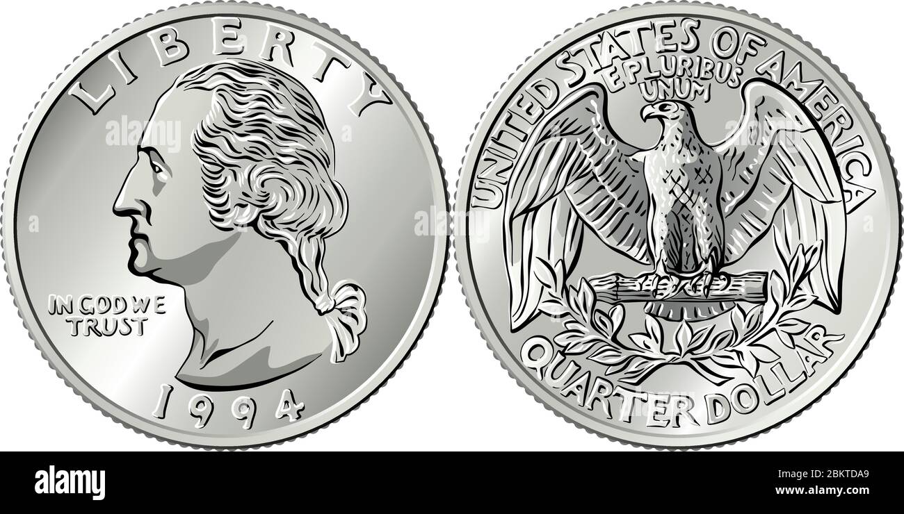 American money, Washington quarter dollar or 25-cent silver coin, first US president George Washington on obverse, Bald eagle on reverse Stock Vector