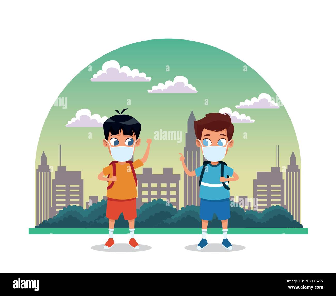 little boys using face masks for covid19 on the city Stock Vector Image ...