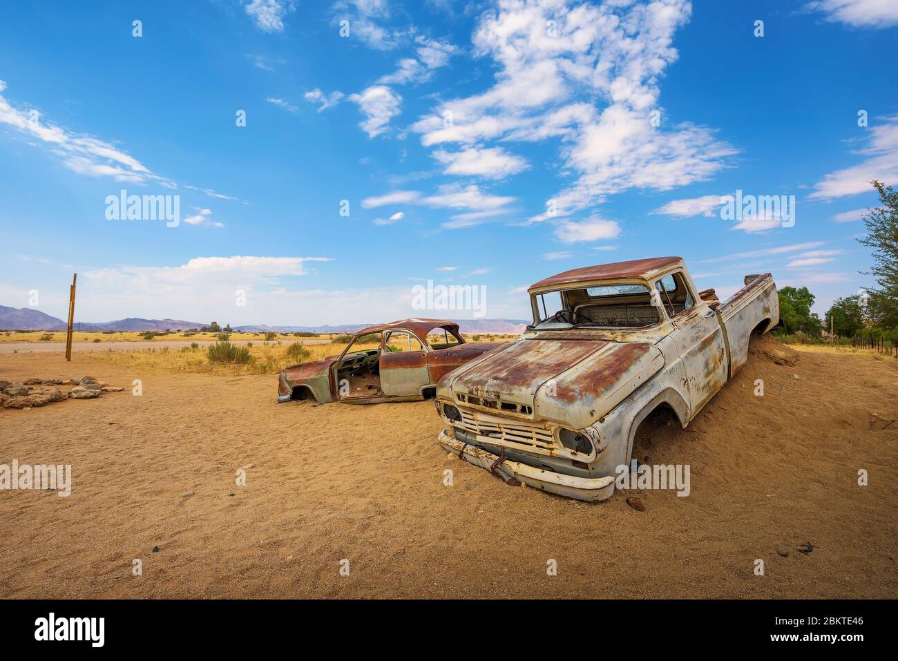 Abandoned car wrecks in Solitaire located in the Namib Desert of Namibia Stock Photo