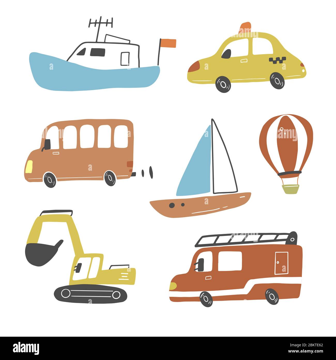 Set of cartoon cute kids and toy style cars and other transport, truck,  taxi, fire truck, ship, excavator, bus, air balloon. Isolated vector  illustration Stock Vector Image & Art - Alamy