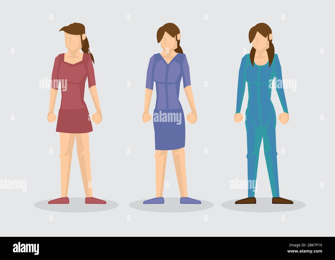 Vector cartoon illustration of three faceless young women character in various outfits isolated on plain background. Stock Vector