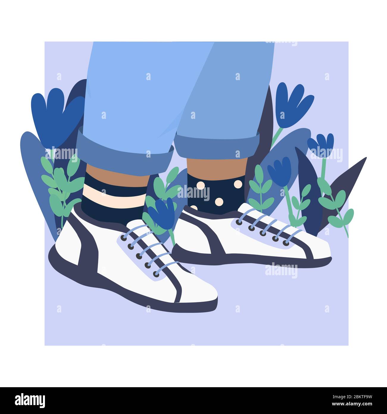 Female or male legs in sneakers. Cool bright sport footwear. Stylish platform shoes. High socks and flowers. Hand drawn vector colored illustration Stock Vector