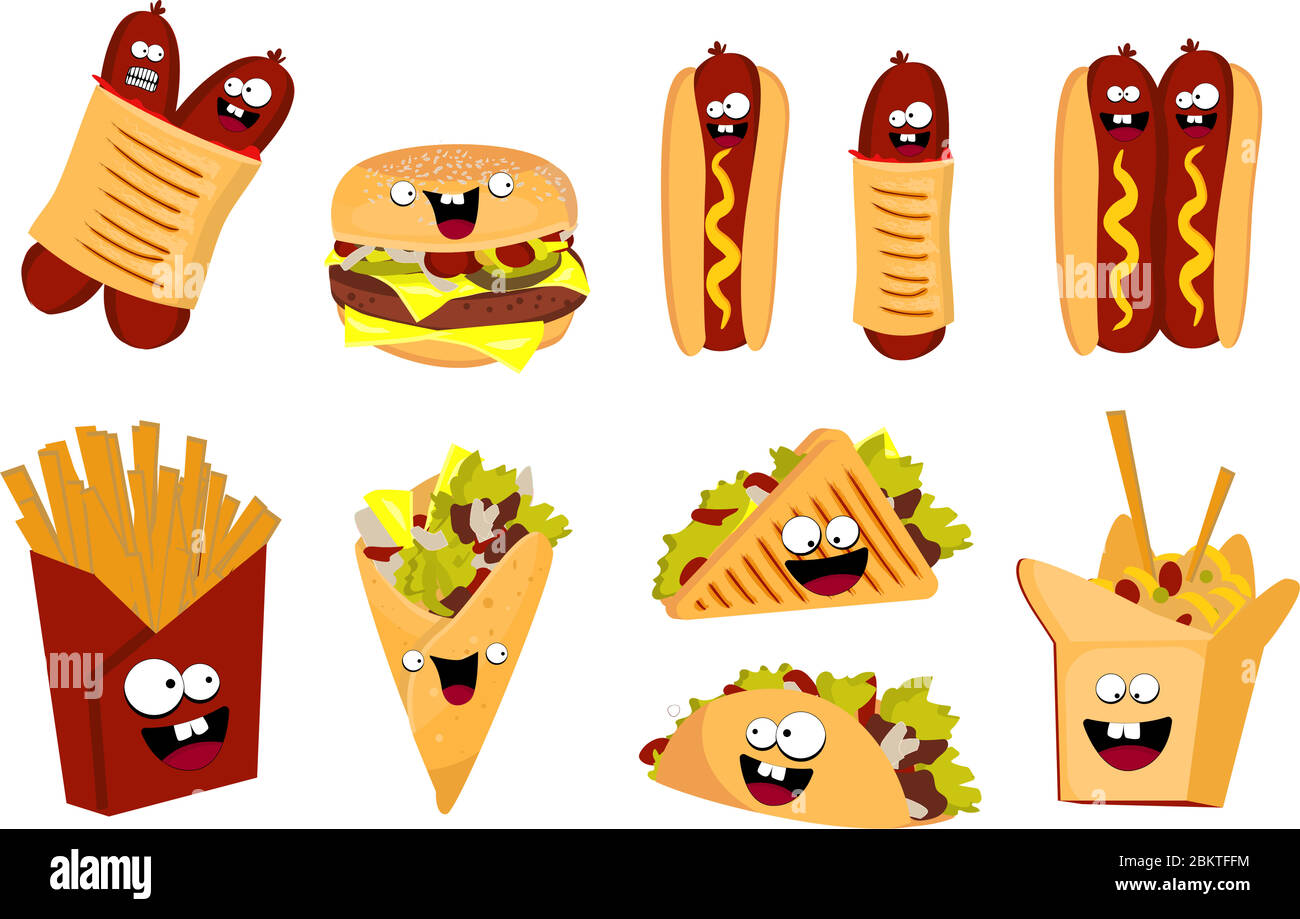 Fast food. a large set of characters. Hot dog, hamburger, sandwich and  tacos. Cute cartoon food. Vector illustration Stock Vector Image & Art -  Alamy