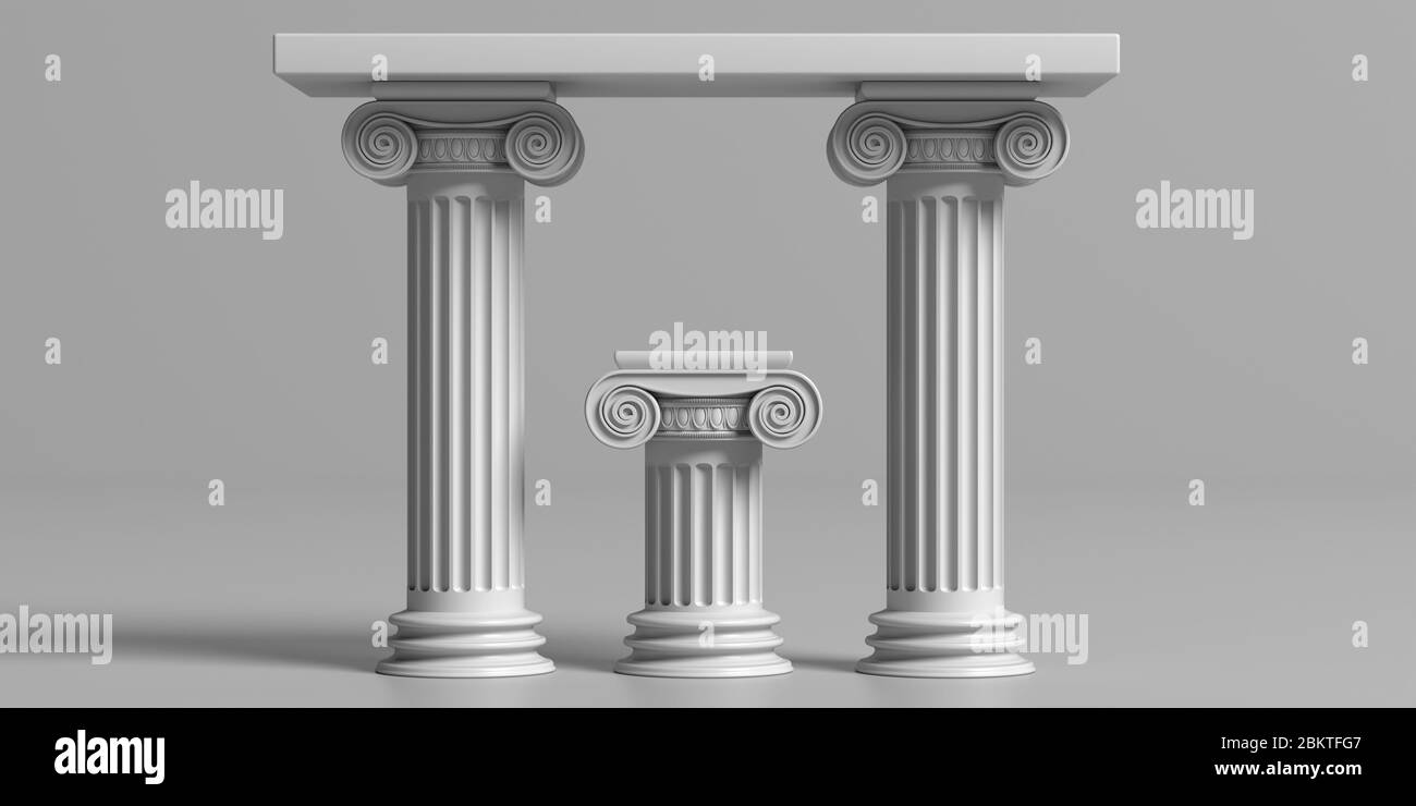 Ancient greek altar table with marble pillar columns, against gray background. Front view. 3d illustration Stock Photo
