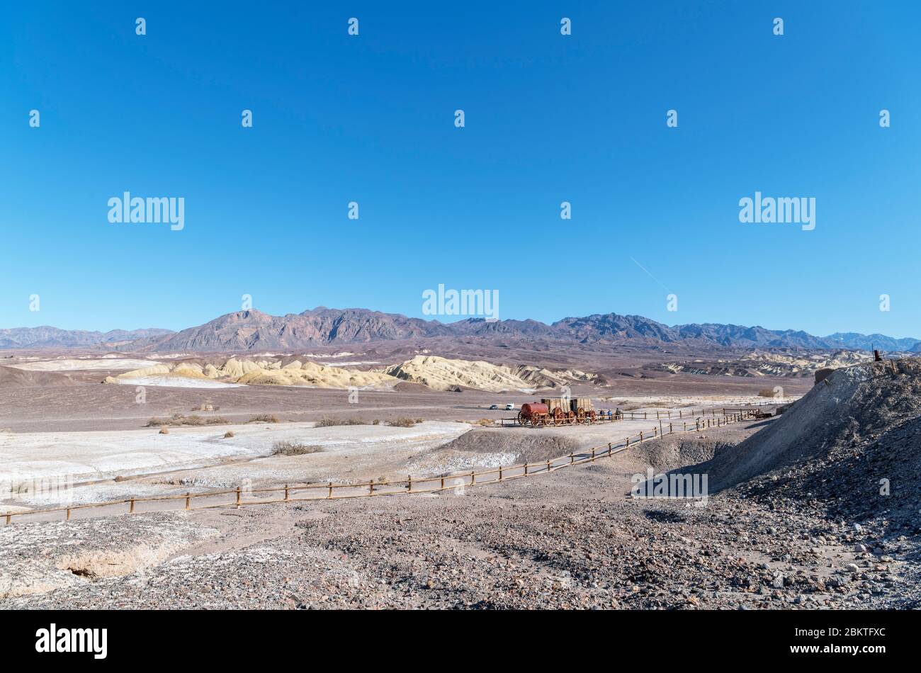'Twenty mule team' borax wagons, Harmony Borax Works, Furnace Creek, Death Valley National Park, California, USA Stock Photo