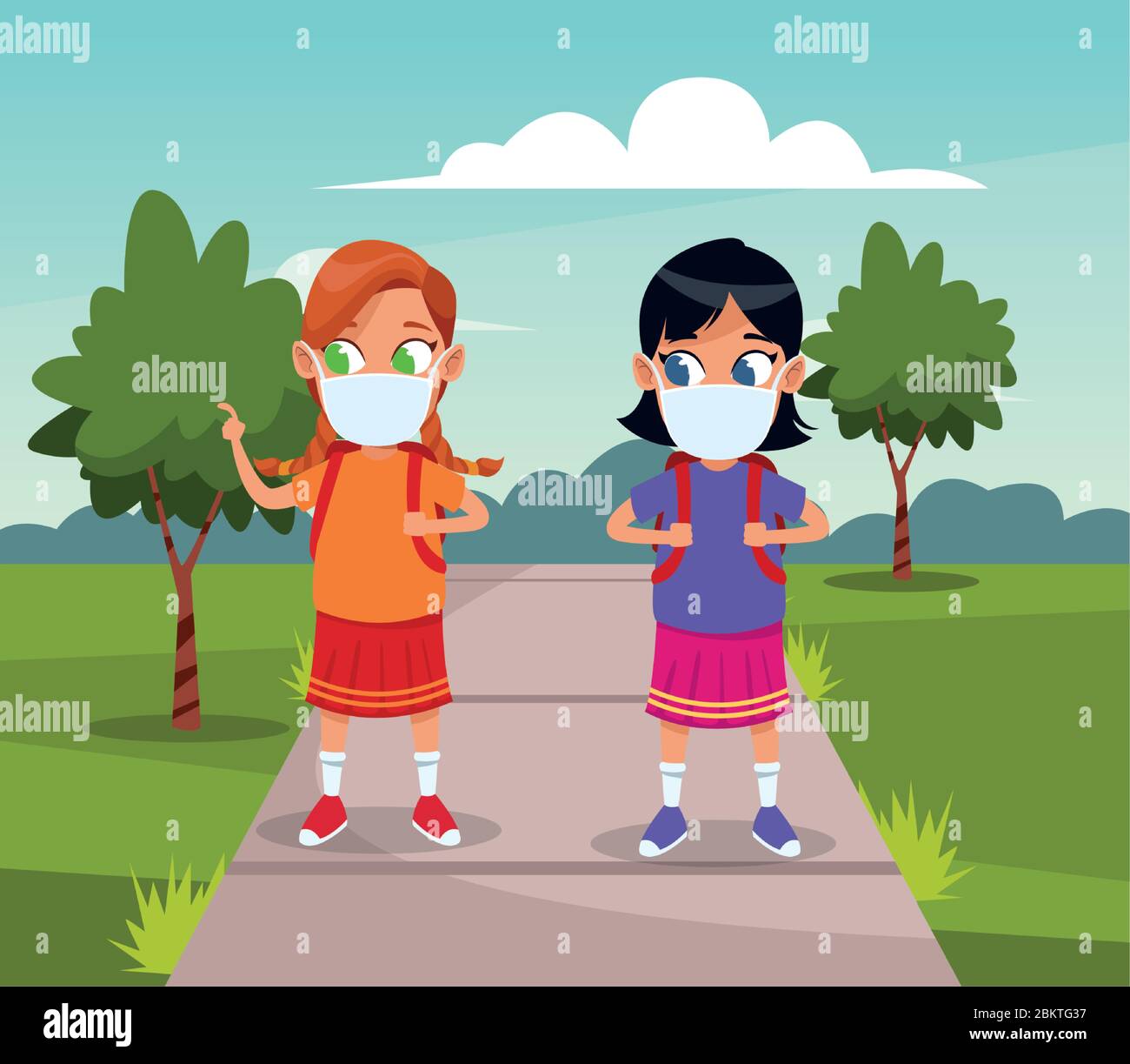 little girls using face masks for covid19 in the park Stock Vector ...