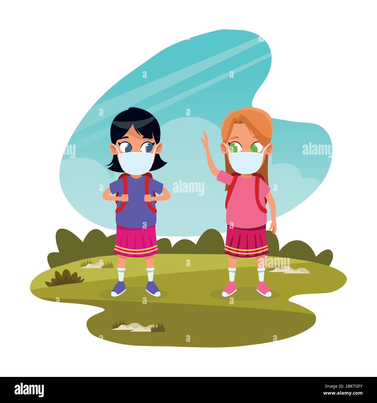 little girls using face masks for covid19 in the park Stock Vector ...