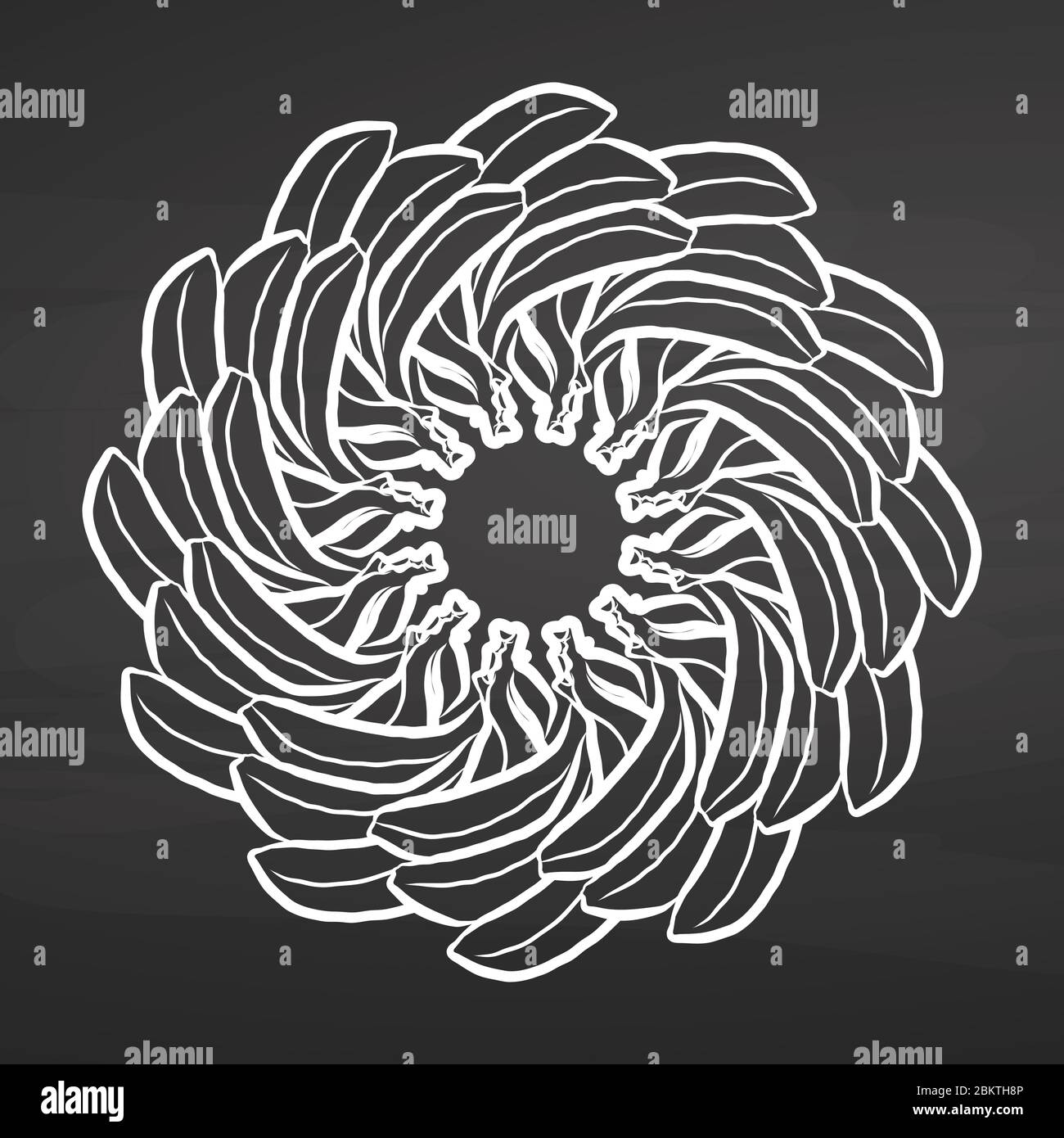 Chalk sketch of bananas arranged in a circle. Seamless round composition with hand drawn fruits. Vector illustration on chalkboard. Stock Vector