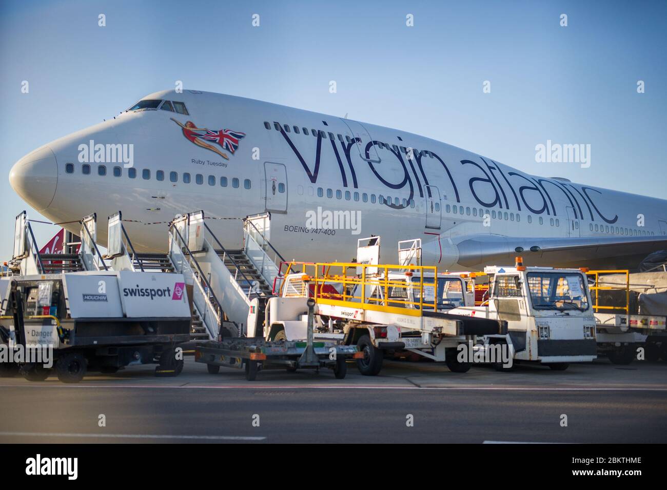 Glasgow, UK. 5th May, 2020. Pictured: Virgin Atlantic (Ruby Tuesday) Boeing 747-400 jumbo jet is grounded indefinitely at Glasgow Airport during the Coronavirus (COVID19) extended lockdown. Virgin Atlantic announced they will also keep their operations closed at Gatwick which will have massive knock on effects for other airlines and the south of England. Credit: Colin Fisher/Alamy Live News Stock Photo