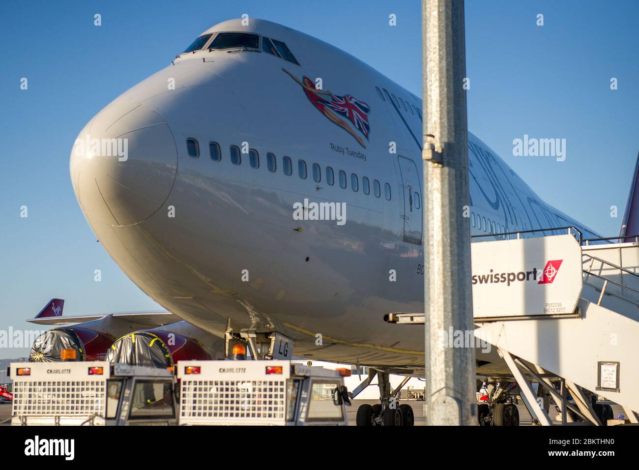 Glasgow, UK. 5th May, 2020. Pictured: Virgin Atlantic (Ruby Tuesday) Boeing 747-400 jumbo jet is grounded indefinitely at Glasgow Airport during the Coronavirus (COVID19) extended lockdown. Virgin Atlantic announced they will also keep their operations closed at Gatwick which will have massive knock on effects for other airlines and the south of England. Credit: Colin Fisher/Alamy Live News Stock Photo