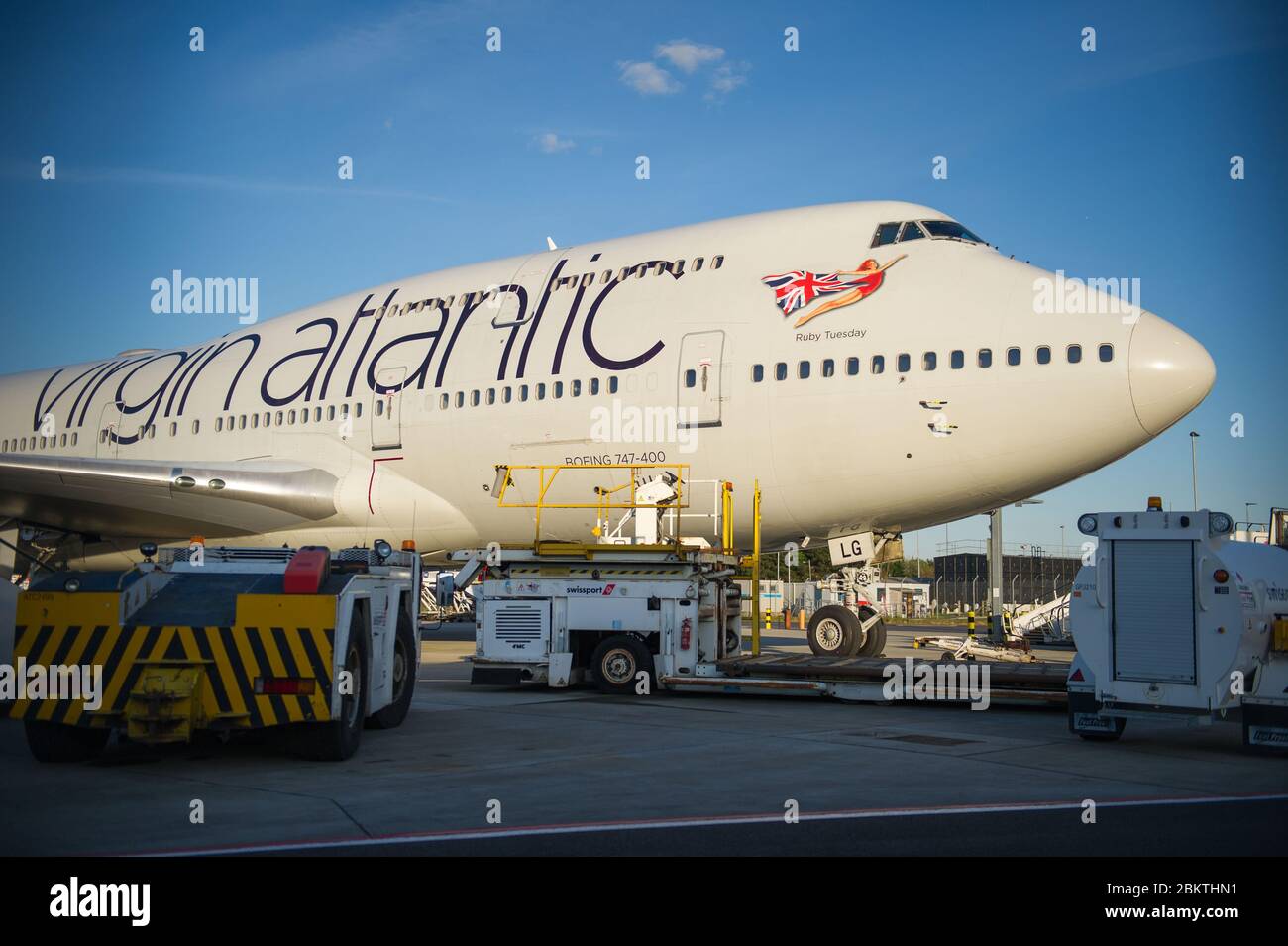 Glasgow, UK. 5th May, 2020. Pictured: Virgin Atlantic (Ruby Tuesday) Boeing 747-400 jumbo jet is grounded indefinitely at Glasgow Airport during the Coronavirus (COVID19) extended lockdown. Virgin Atlantic announced they will also keep their operations closed at Gatwick which will have massive knock on effects for other airlines and the south of England. Credit: Colin Fisher/Alamy Live News Stock Photo