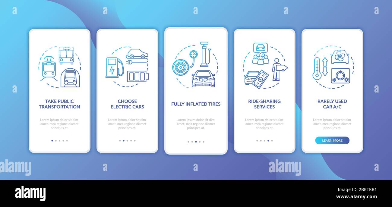 Fuel saving tips onboarding mobile app page screen with concepts Stock Vector