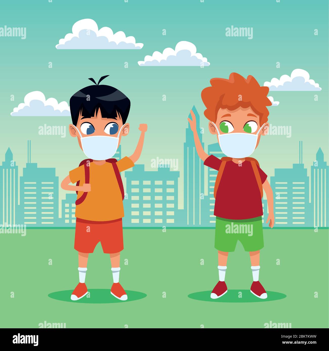 little boys using face masks for covid19 in the camp Stock Vector Image ...