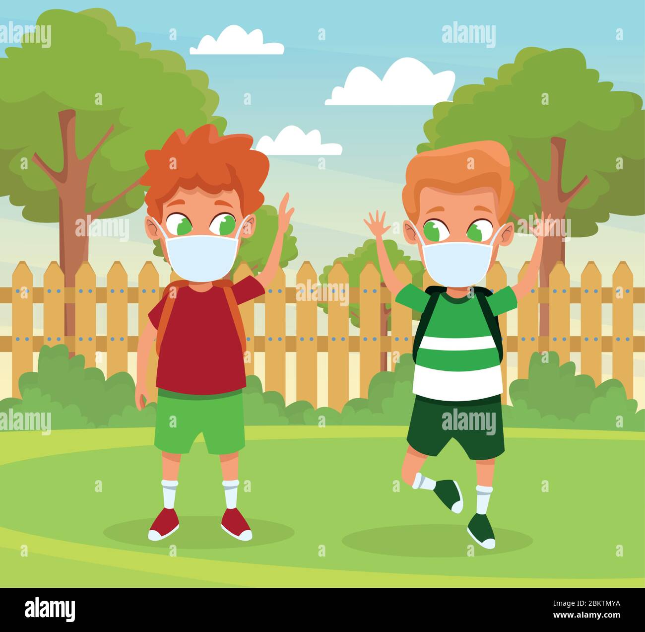 little boys using face masks for covid19 in the camp Stock Vector Image ...