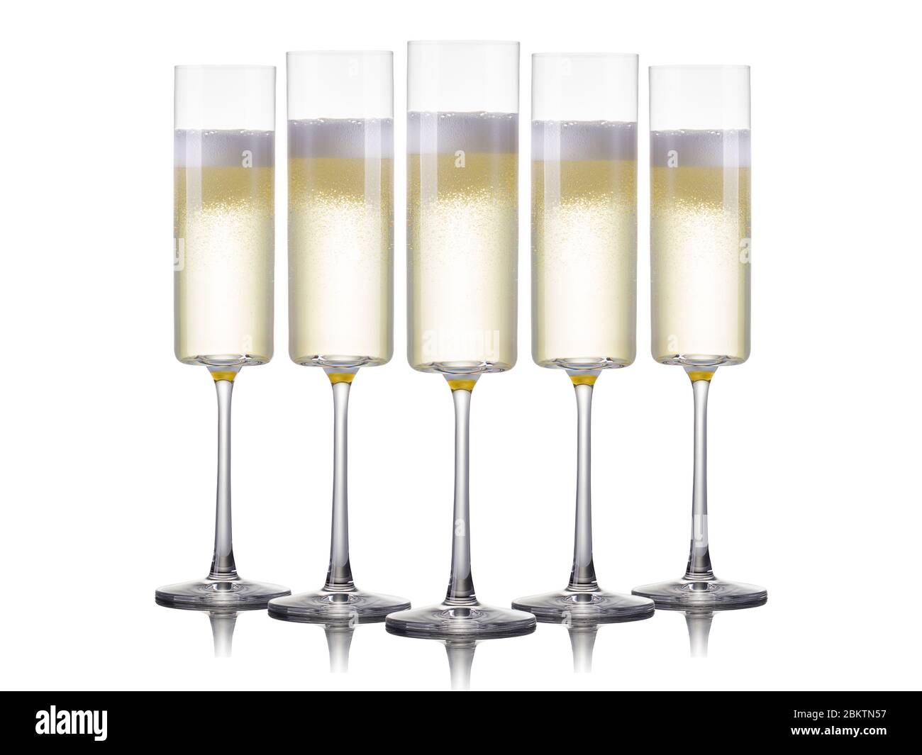 Set of luxury champagne glasses in a row isolated on a white background