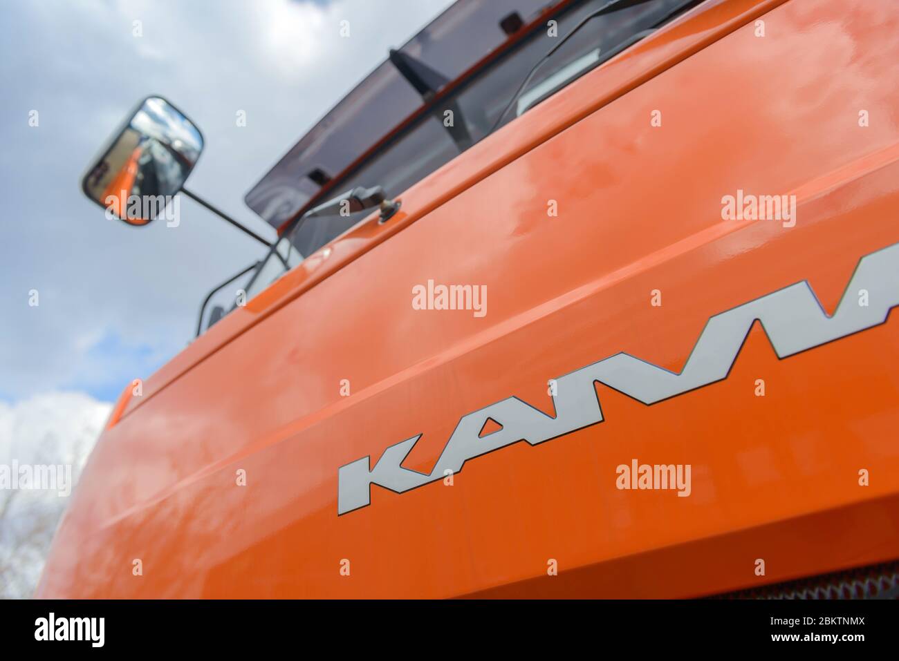 KAMAZ. Sign of a KAMAZ truck. Cab KAMAZ - Russian manufacturer of trucks and engines. RUSSIA.Tatarstan. Naberezhnye Chelny - April 27, 2020. Stock Photo