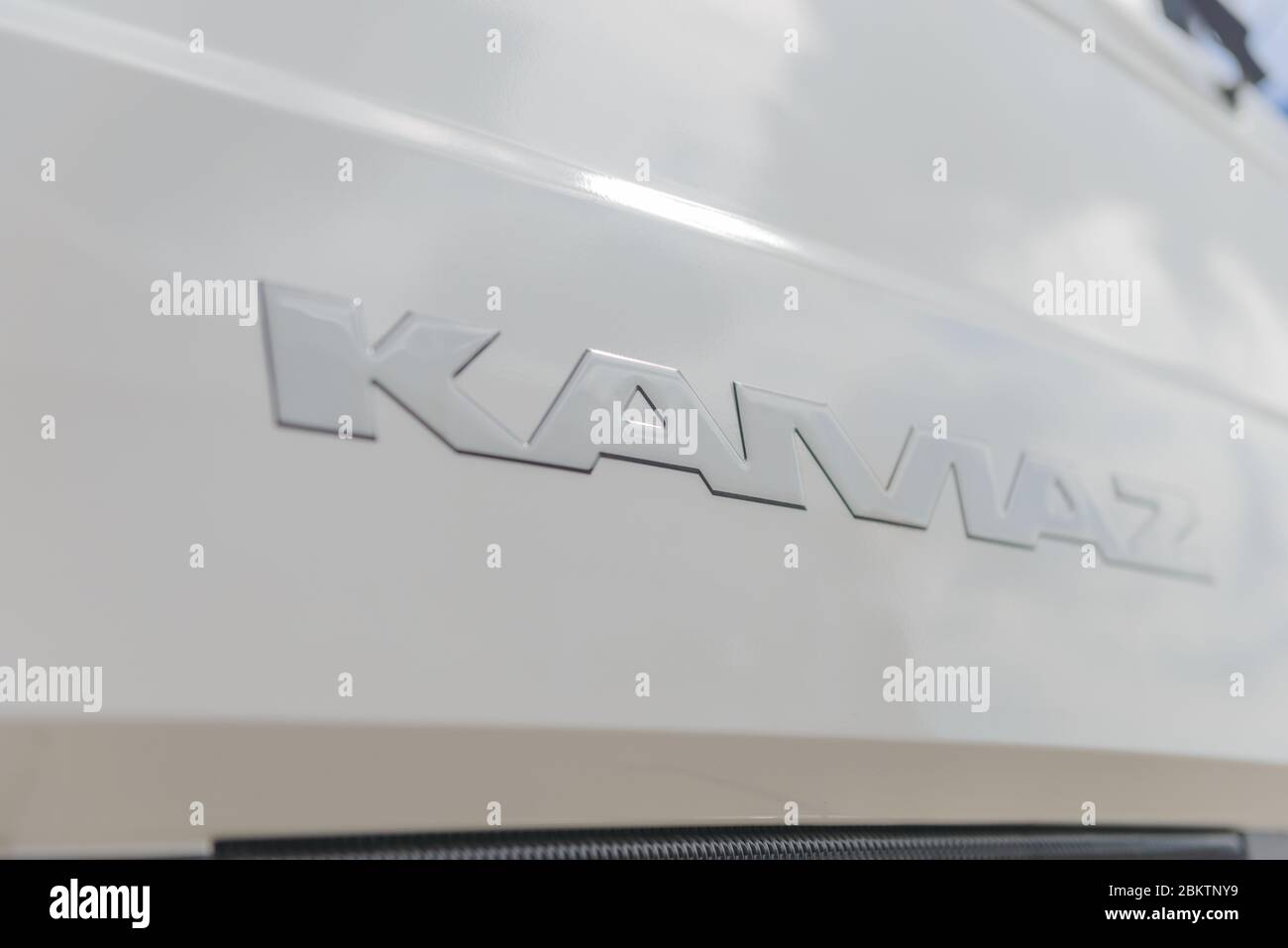 KAMAZ. Sign of a KAMAZ truck. Cab KAMAZ - Russian manufacturer of trucks and engines. RUSSIA.Tatarstan. Naberezhnye Chelny - April 27, 2020. Stock Photo