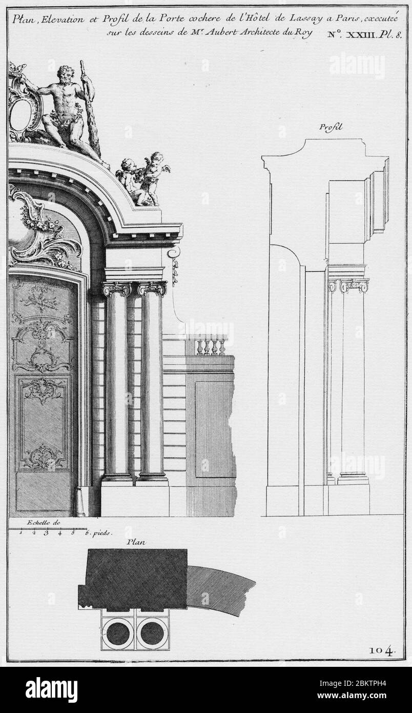 Hôtel de Lassay - Plan, élévation, et profil de la porte cochère -  Architecture françoise Tome1 Livre2 Ch23 Pl8 Stock Photo - Alamy