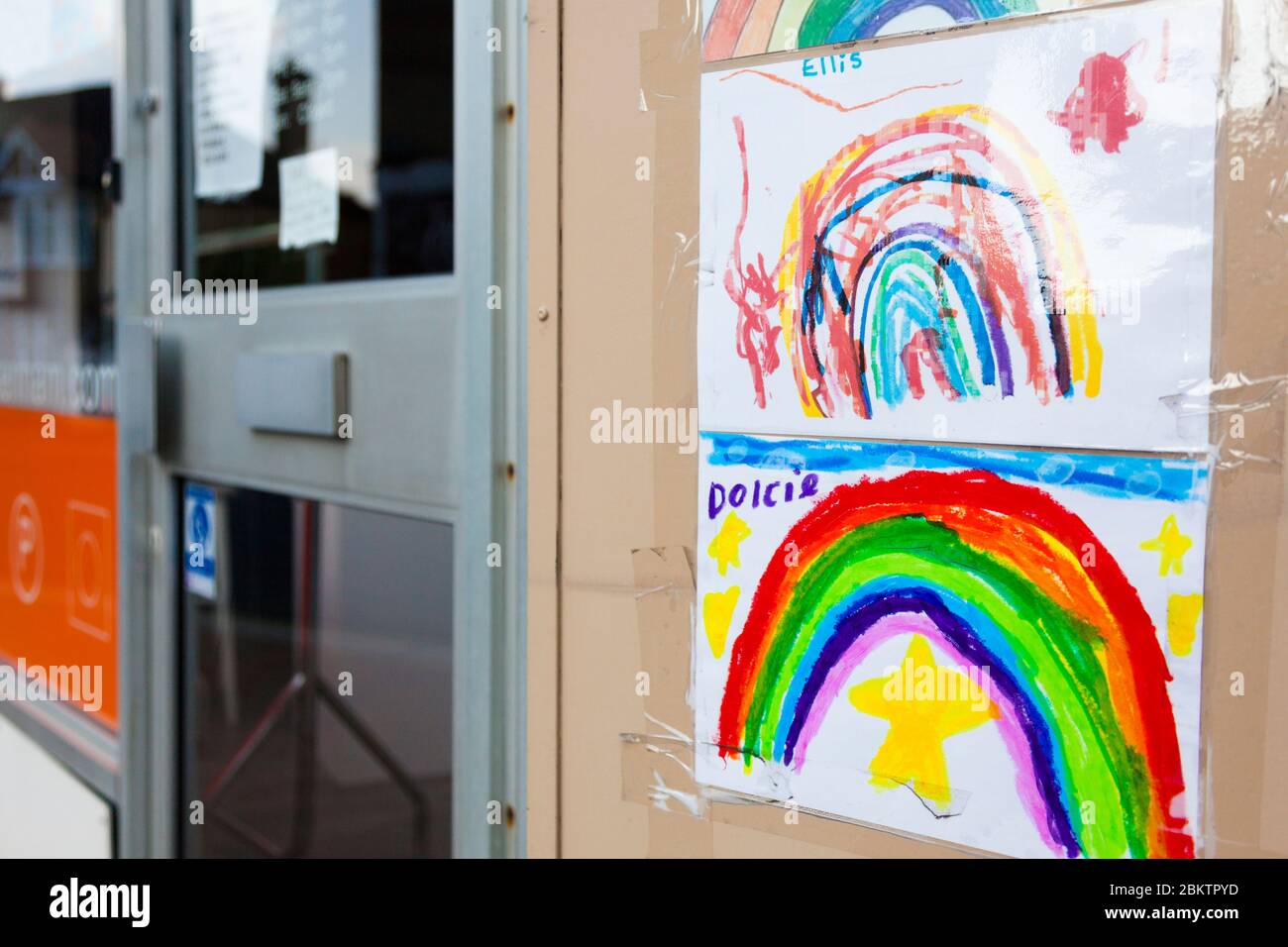 Children's rainbow paintings produced following lock-down of their school, Beckenham, London, UK Stock Photo