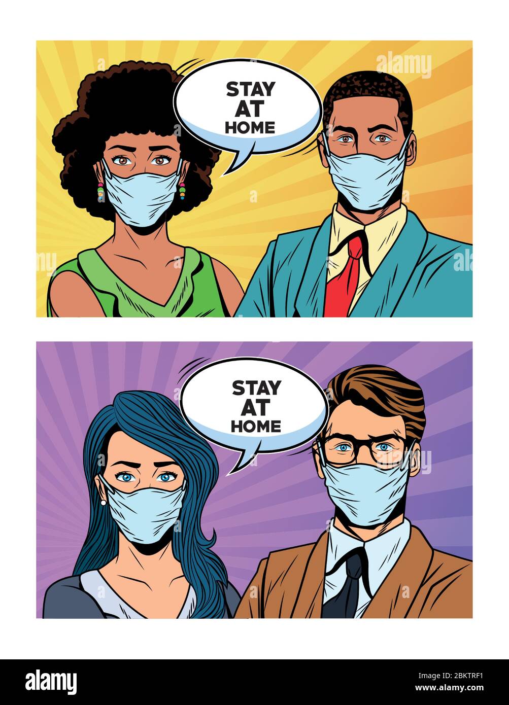 couple using face masks for covid19 saying stay at home Stock Vector ...