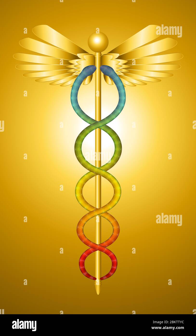 Caduceus, traditional greek symbol of Hermes Trismegistus, golden staff entwined by two colorful serpents, surmounted by wings. Stock Photo