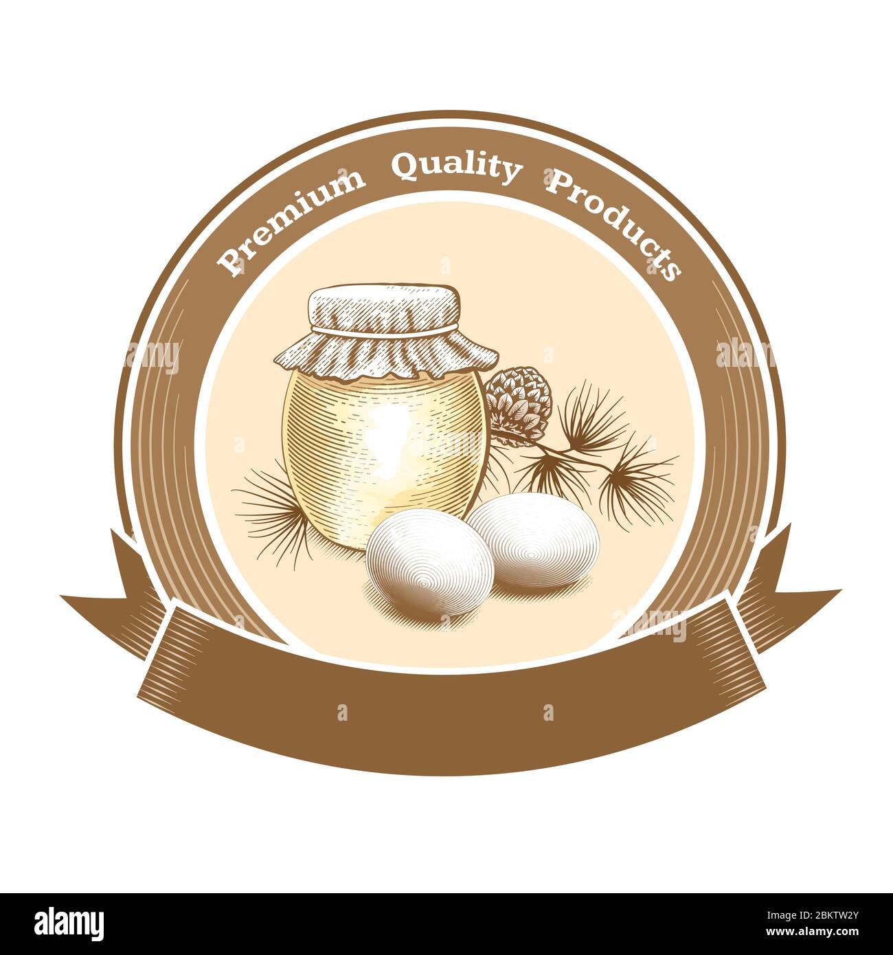 Vector vinage round label for farm or grocery with eggs, honey jar and text Premium Quality Products. Place for text. Stock Vector