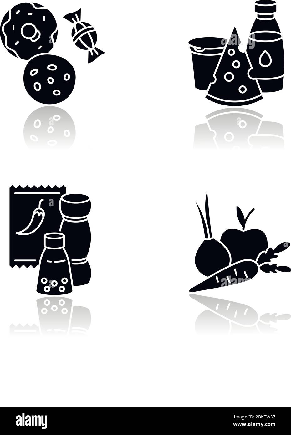 Supermarket food drop shadow black glyph icons set Stock Vector