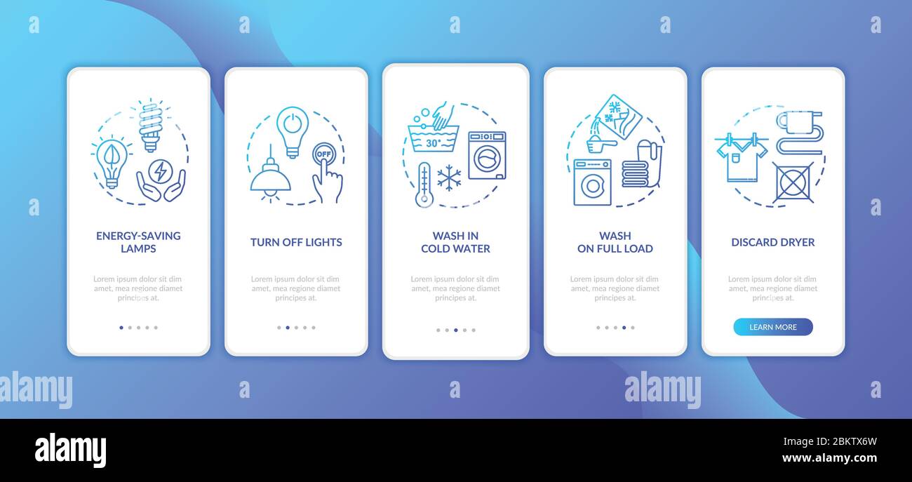 Energy saving tips onboarding mobile app page screen with concepts Stock Vector