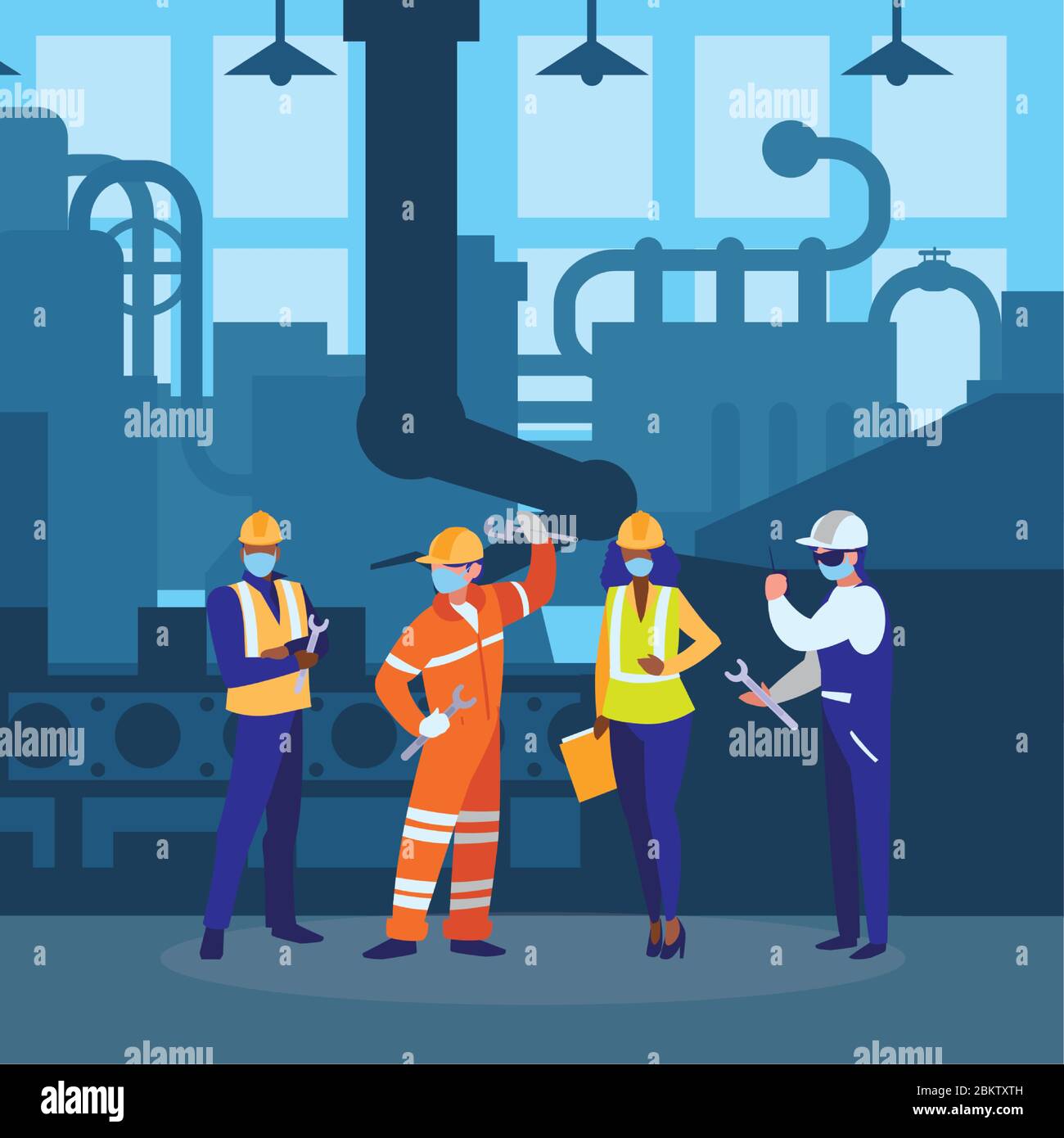 Industrial workers working with face mask vector illustration design ...