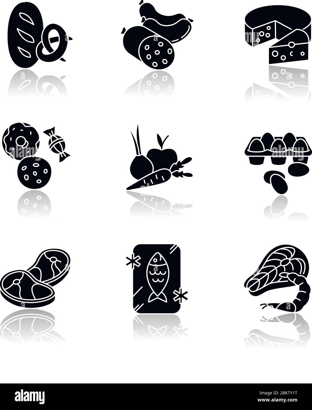 Grocery food drop shadow black glyph icons set Stock Vector