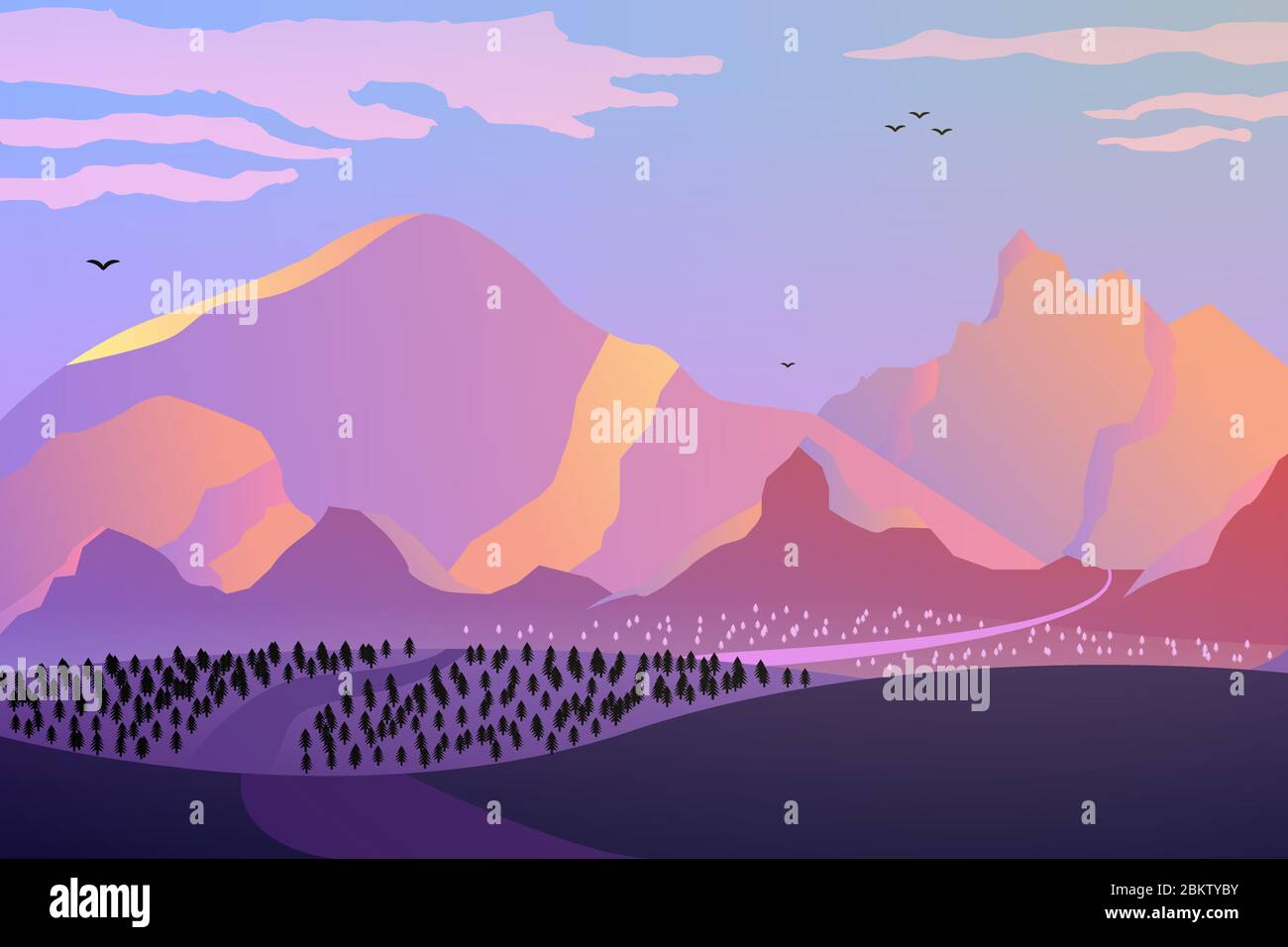 Dawn in the mountains, pink tones. Stock Vector