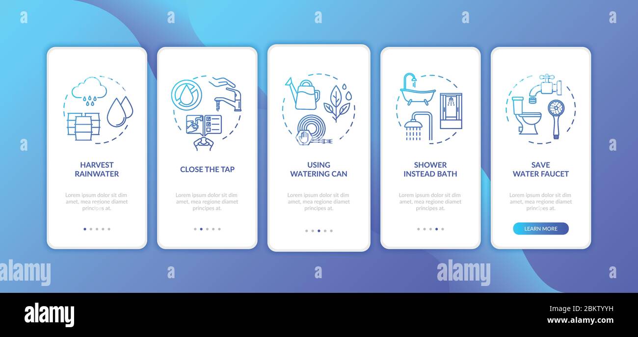 Water saving tips onboarding mobile app page screen with concepts Stock Vector
