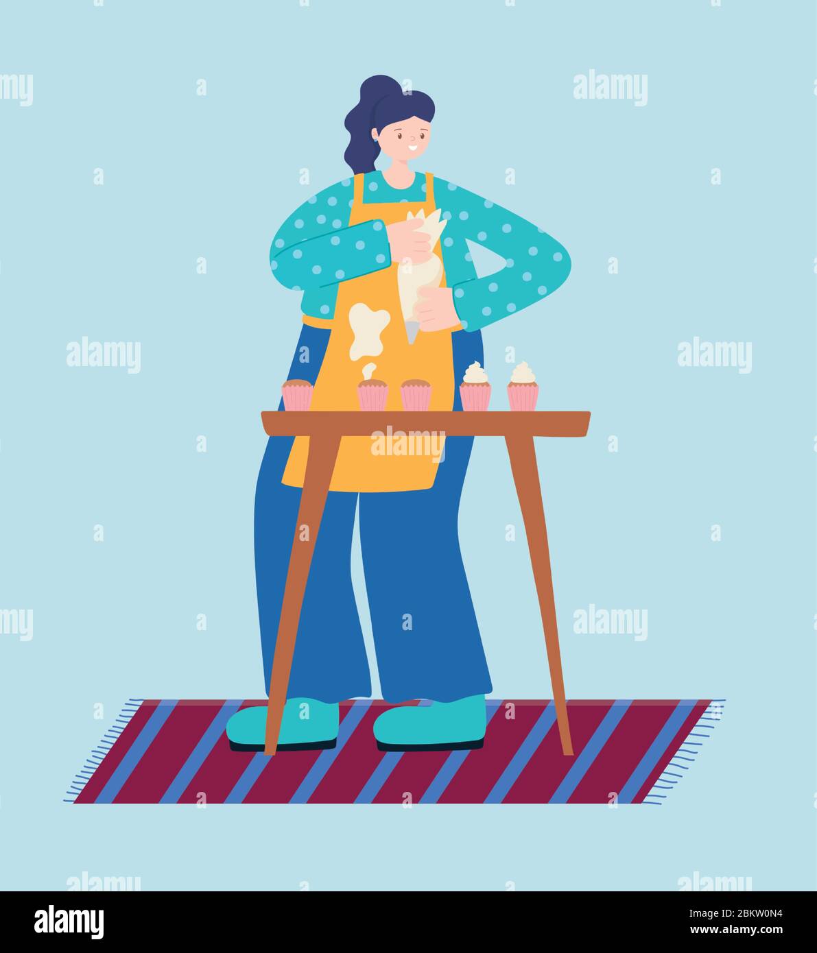 people activities, woman baking sweet cupcakes with cream vector illustration Stock Vector