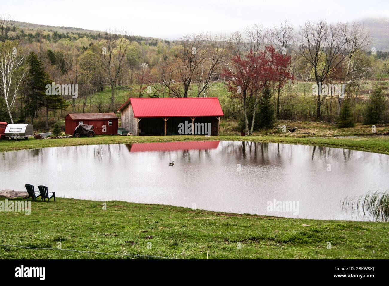 Farm pond can be used to conserve runoff, water livestock and serve as water source in case of fire Stock Photo