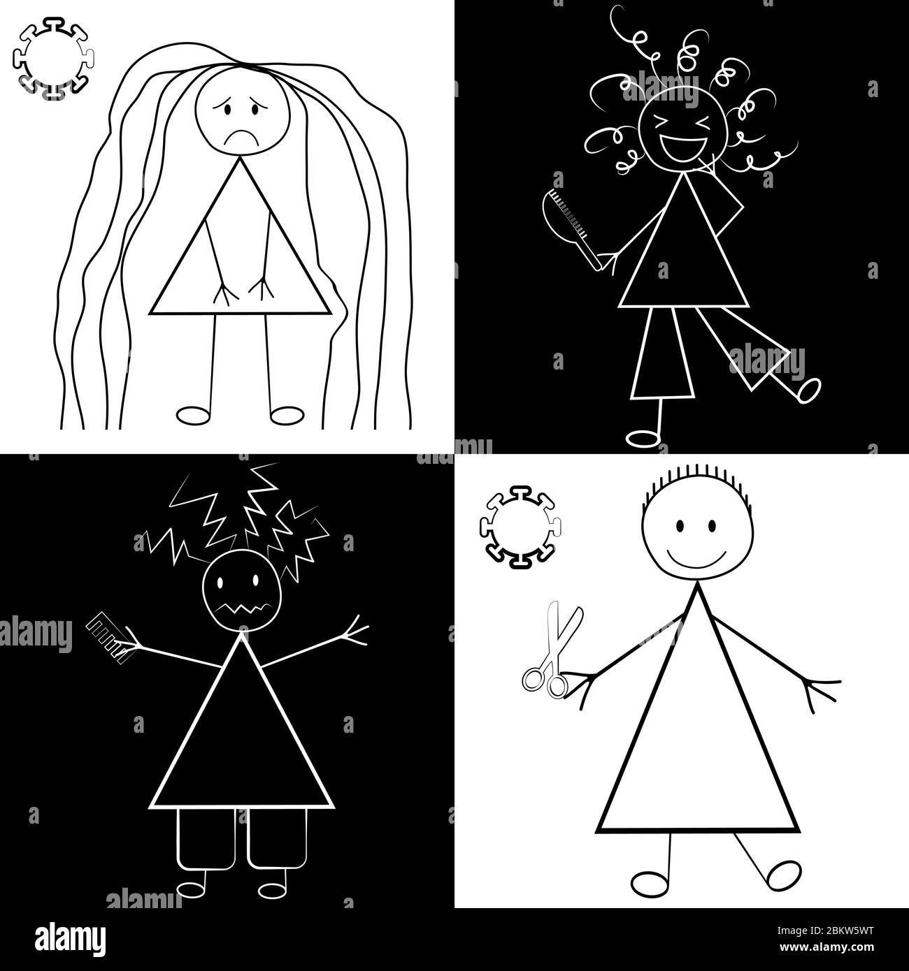 Bad hair Covid 19 quarantine vector seamless pattern. Scribble drawings of girls with messy styles and coronavirus motif backdrop. Humorous monochrome Stock Vector