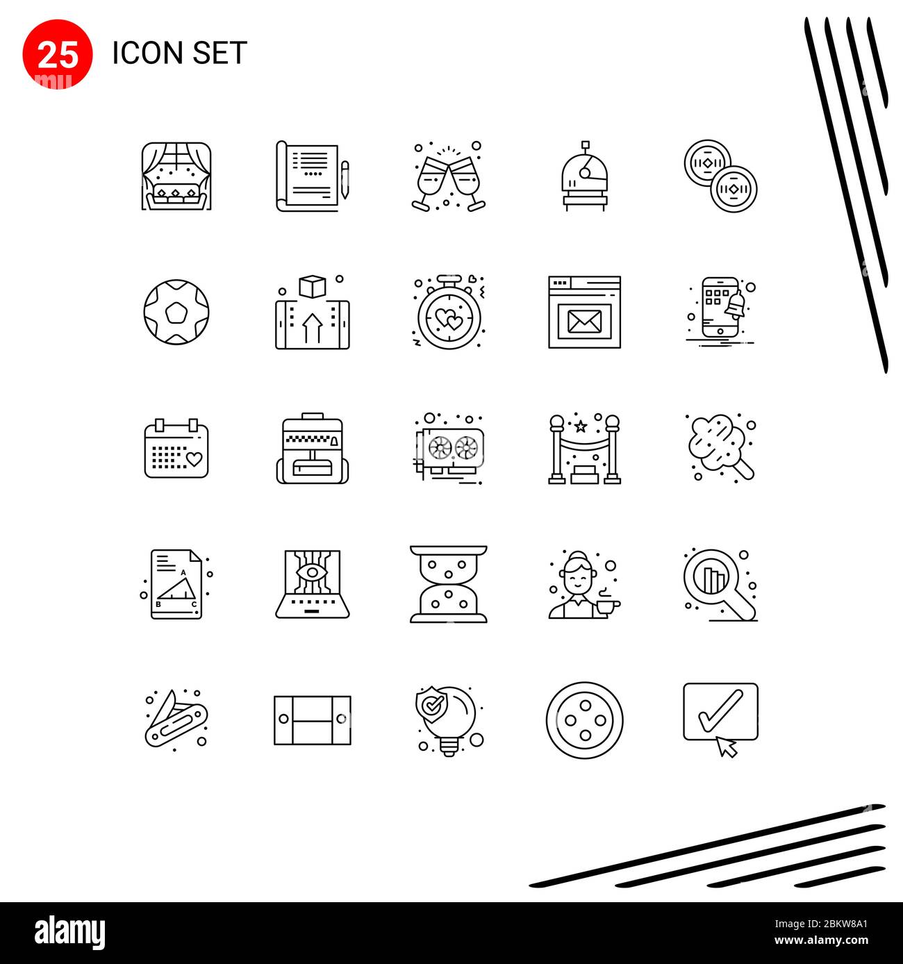 25 Thematic Vector Lines and Editable Symbols of chinese, coins, wine, space, astronaut Editable Vector Design Elements Stock Vector