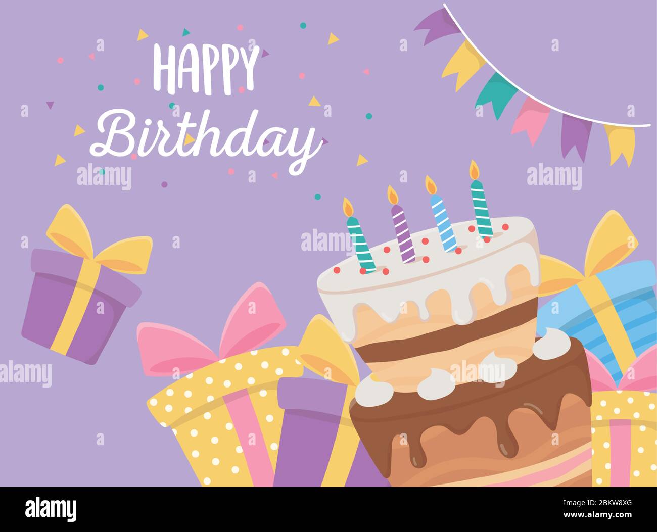 Happy Birthday Cake Candles Gift Boxes And Pennants Confetti Celebration Vector Illustration Stock Vector Image Art Alamy