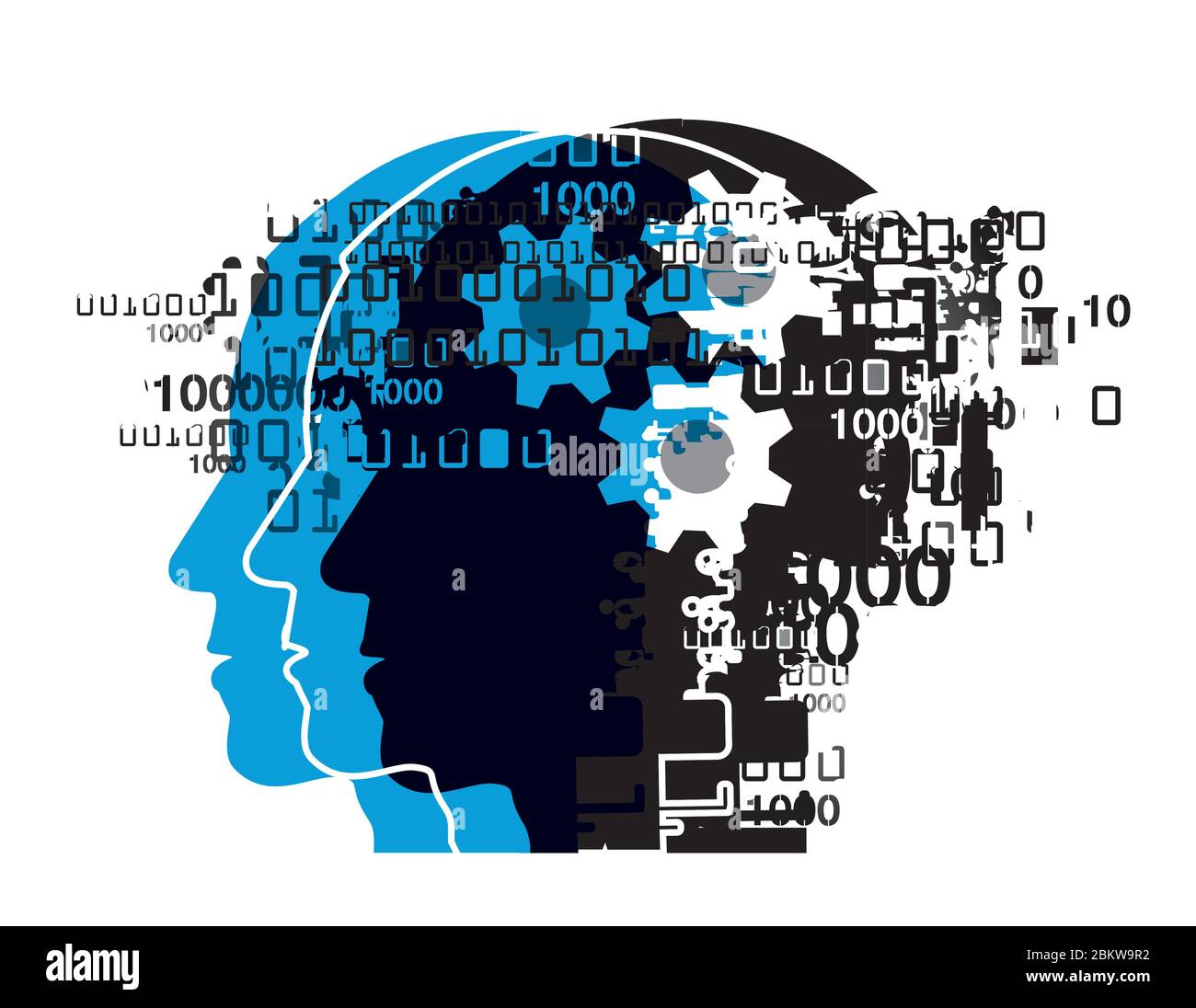Programmer, computer expert, hacker silhouettes. Illustration of three stylized male heads with binary codes and gear. Vector available. Stock Vector