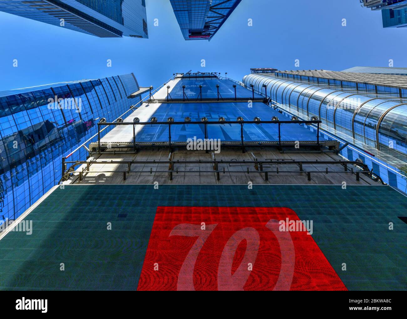 New York Apr 19, 2020 Looking up at skyscrapers in Times Square, New