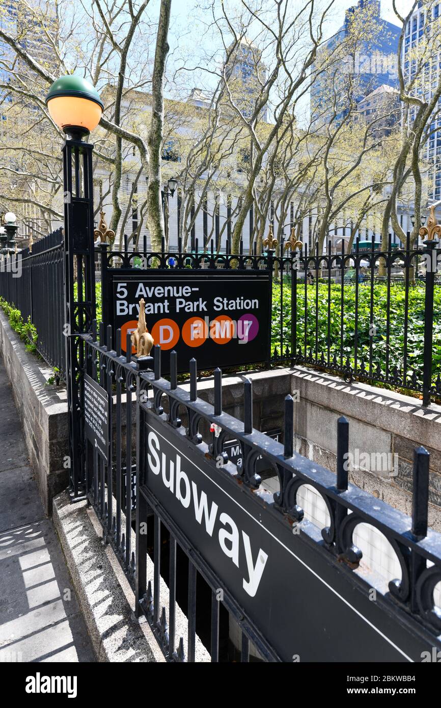 April 19, 2020: 5 Avenue - Bryant Park Station subway entrance in midtown Manhattan, New York City. Stock Photo