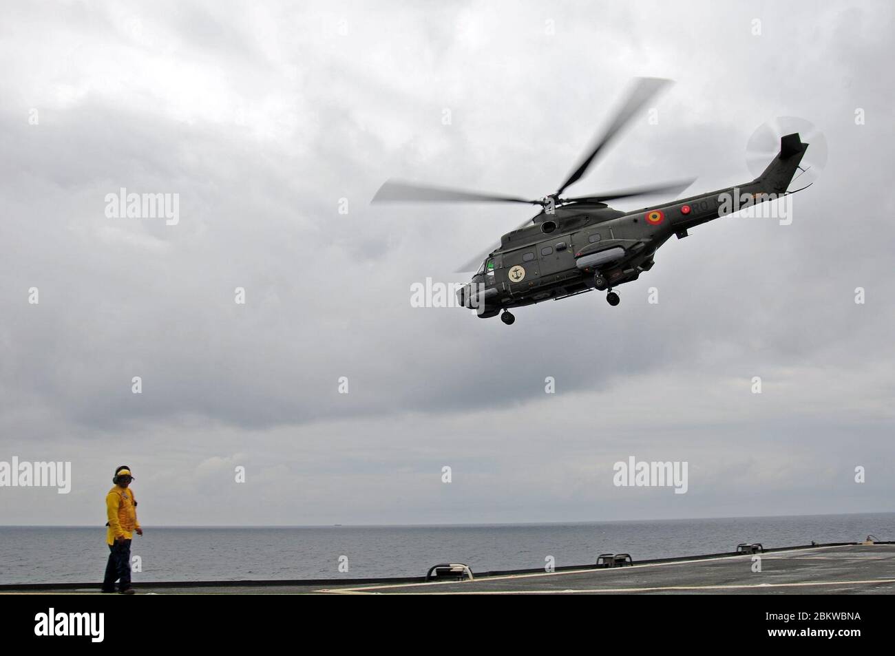 IAR 330 Puma takes off from USS Mount Whitney (LCC-20) 2013. Stock Photo