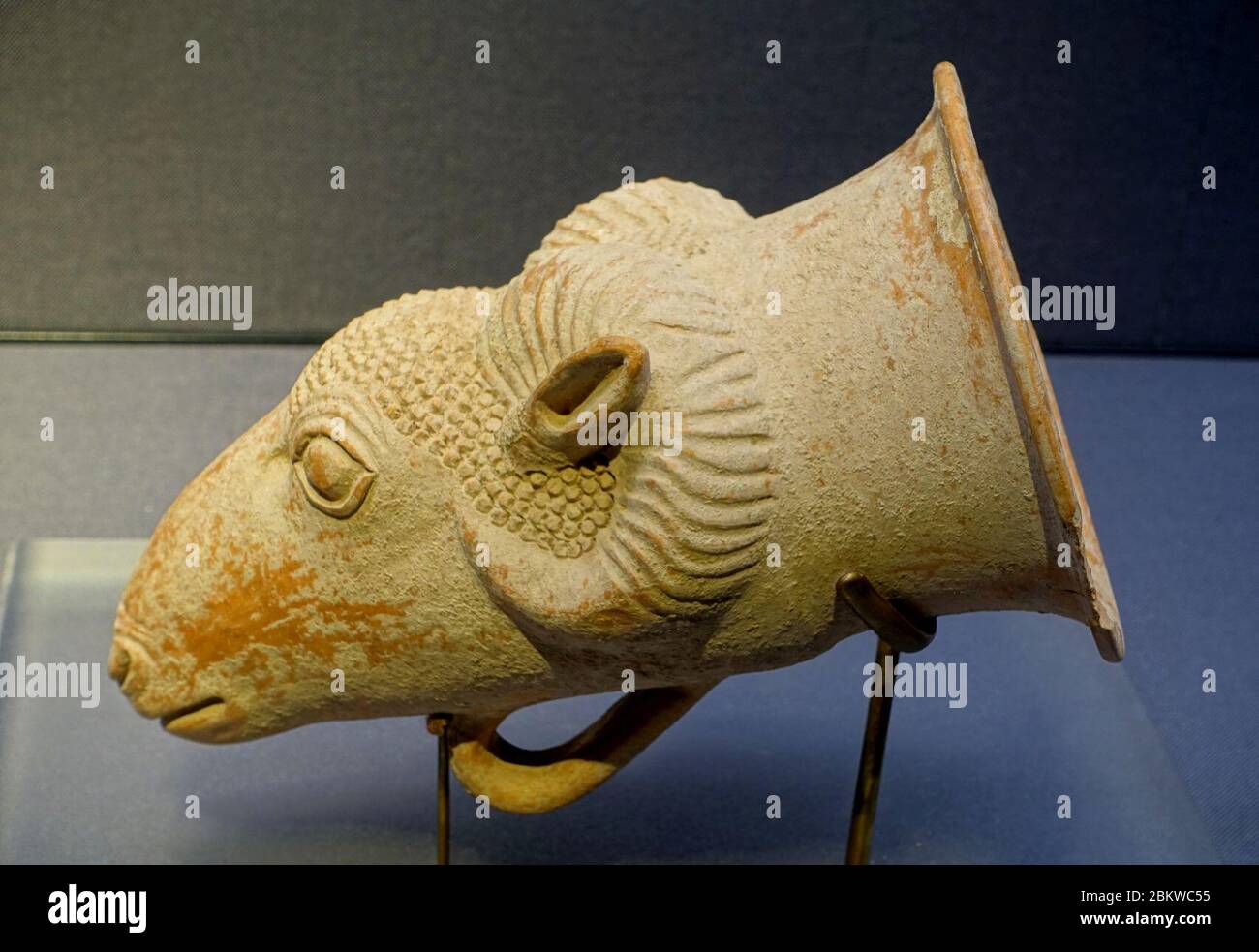 Ibex head-shaped rhyton, excavated in Gilan, Iran, Achaemenid period, 6th-5th century BC, earthenware Stock Photo